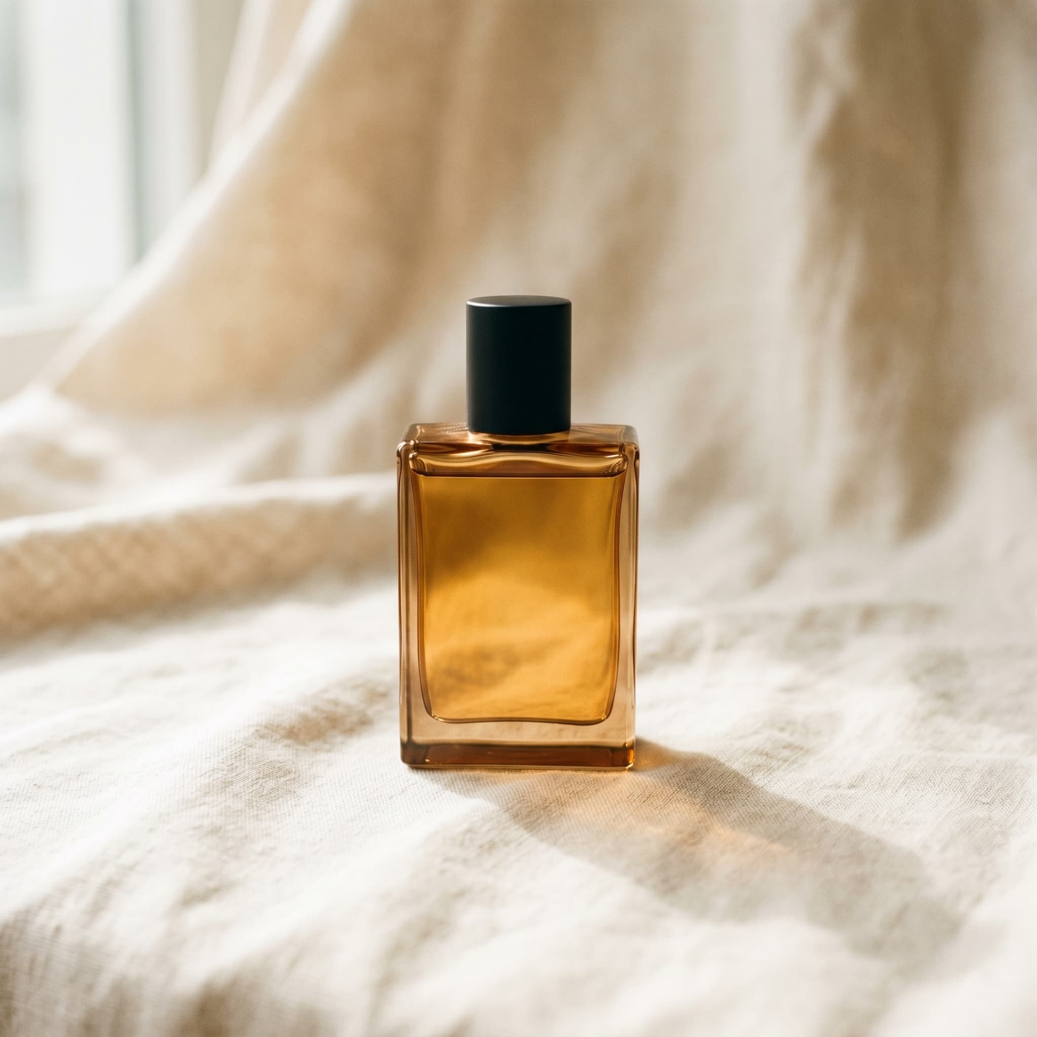 An amber perfume bottle resting on wrinkled linen in soft afternoon light