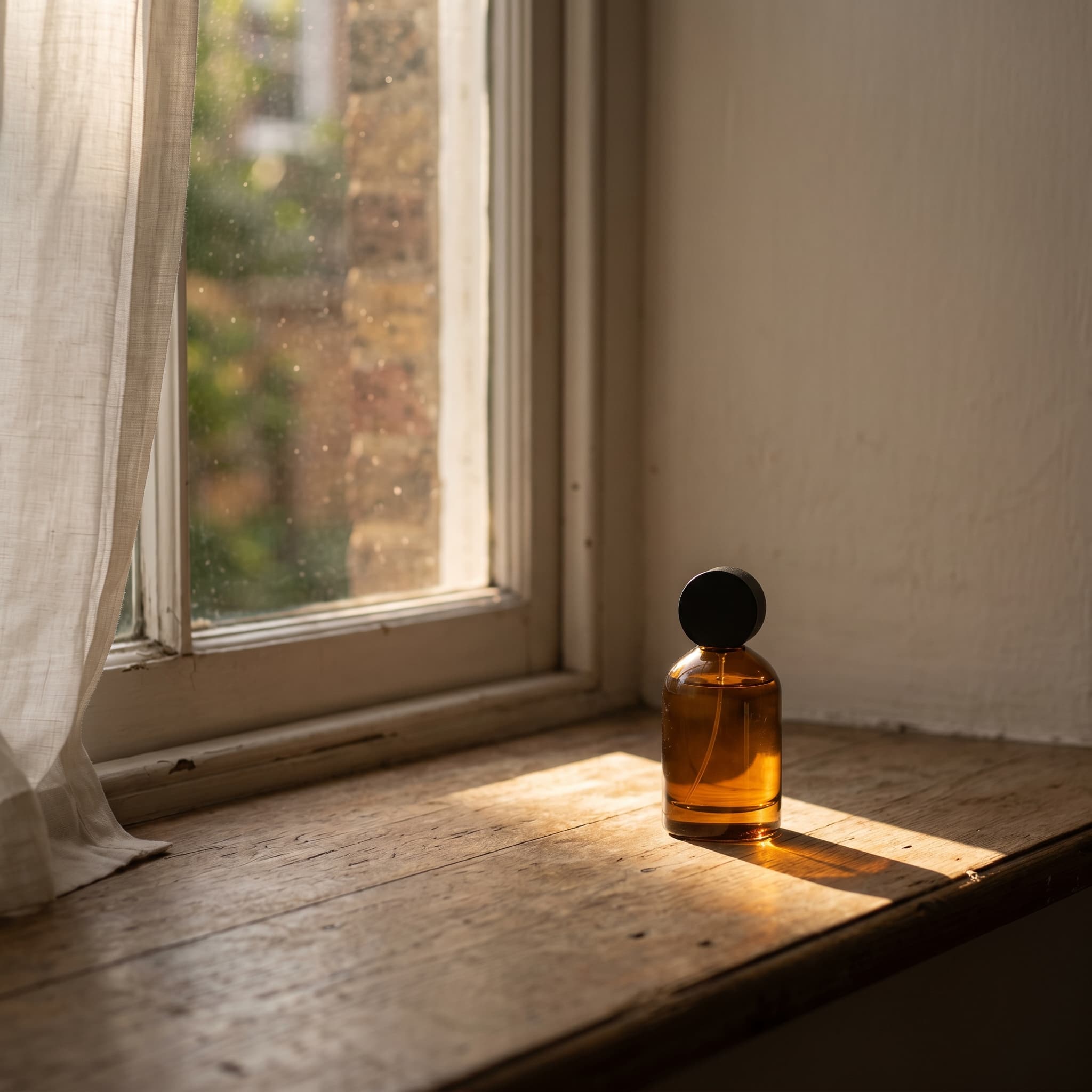 A small amber bottle on a weathered sill in warm afternoon light